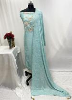 Soft Silk Light Blue Ceremonial Wear Moti Work Dress Material